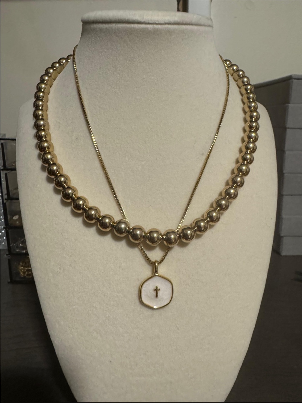Gold Bead Layered Necklace with White Cross Pendant
